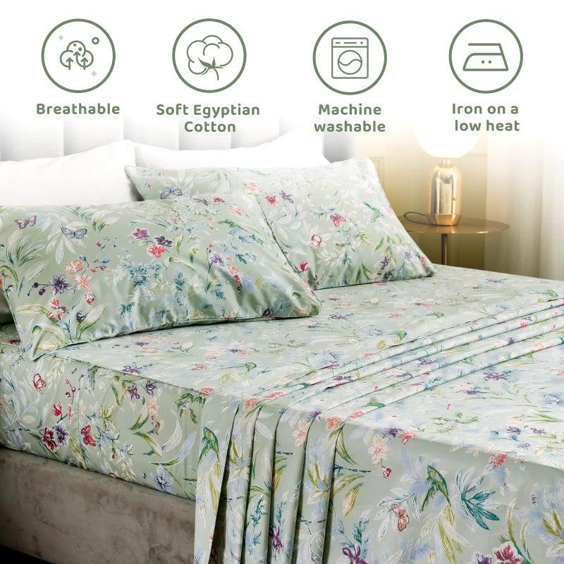QSH Floral King Size Sheet Sets - Green Flower Bird Butterfly Print Botanical Bedding Egyptian Cotton Printed Sheets King Size Bed Extra Soft and Breathable 17.5" Deep Pockets Bed Sheets 4pcs - Image 2